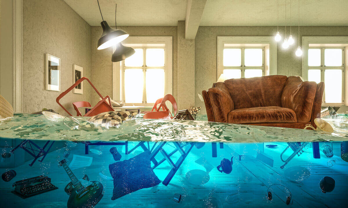 Living room flooded with floating chair and no one above